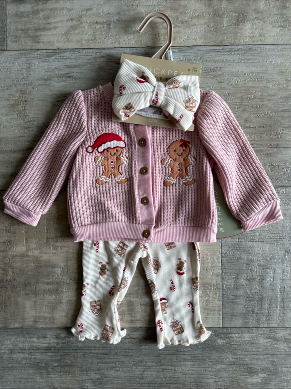 NWT Chickpea Gingerbread 3pc Set Cardigan Pants Bow 0-3M